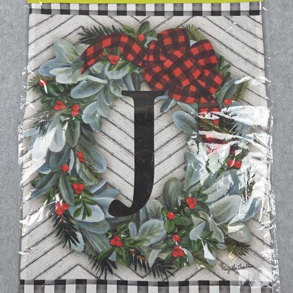 Briarwood Lane Winter Wreath Monogram Letter J Garden Flag NEW in Package - Picture 2 of 11